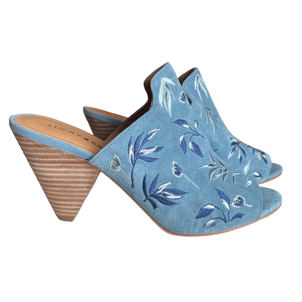 Lucky Brand Emree Faded Denim Blue Heeled Sandal Floral Embroidery Women Size 8